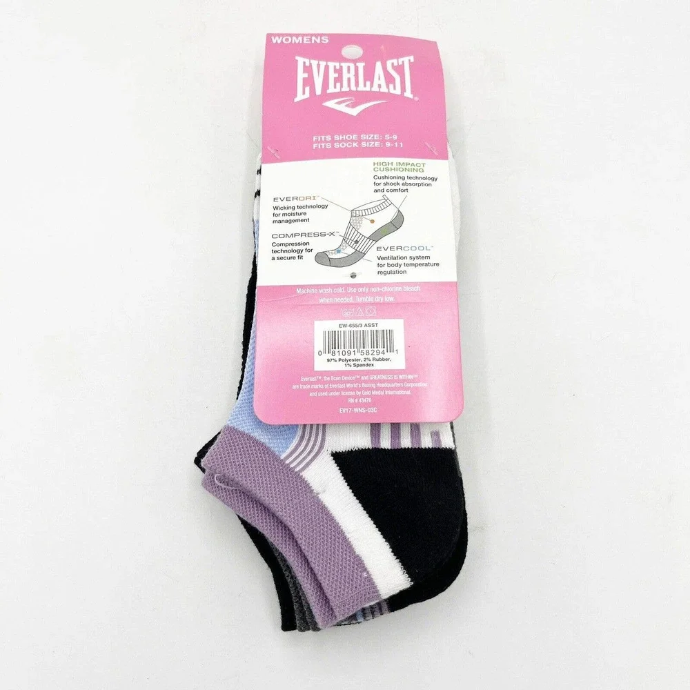 Everlast‎ Socks Womens Shoe Size 5 - 9 1/2 Cushion No Show Socks 3 Pair